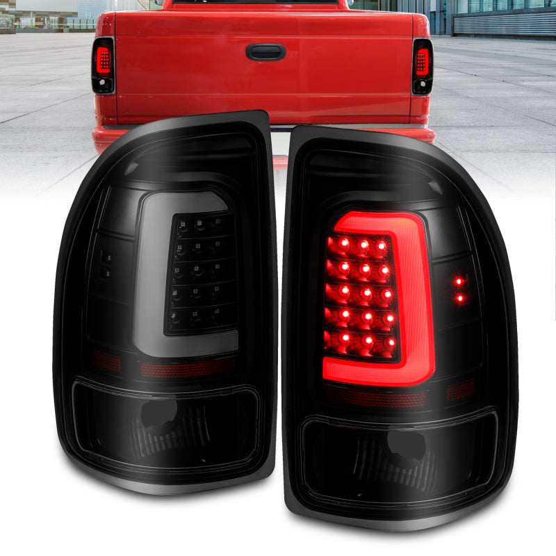 ANZO LED taillights for 1997-2004 Dodge Dakota with black housing and smoke lens, showcasing a modern and stylish design.