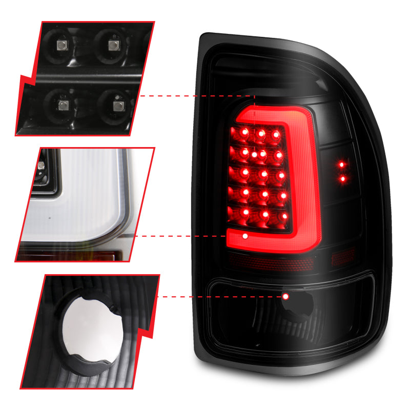 ANZO LED taillights for 1997-2004 Dodge Dakota with black housing and smoke lens, showcasing a modern and stylish design.