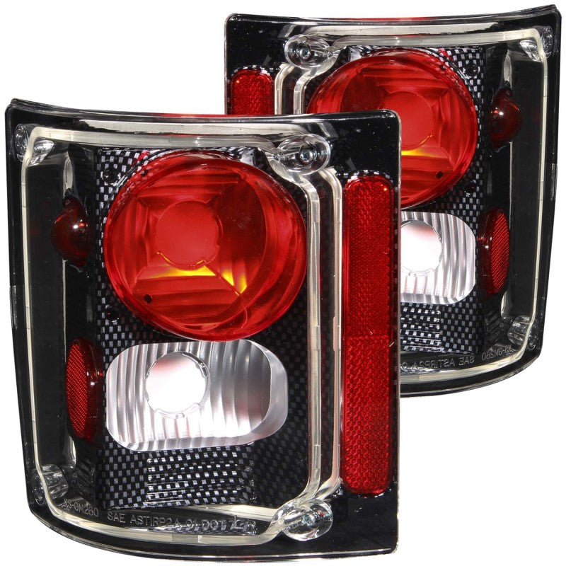 ANZO 1973-1987 Chevrolet C10 taillights featuring clear/red lens and carbon housing, designed for easy installation and enhanced vehicle appearance.