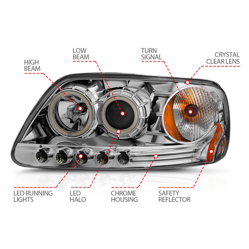 ANZO 1997.5-2003 Ford F-150 Projector Headlights with Halo Chrome design, showcasing clear lens and chrome housing.