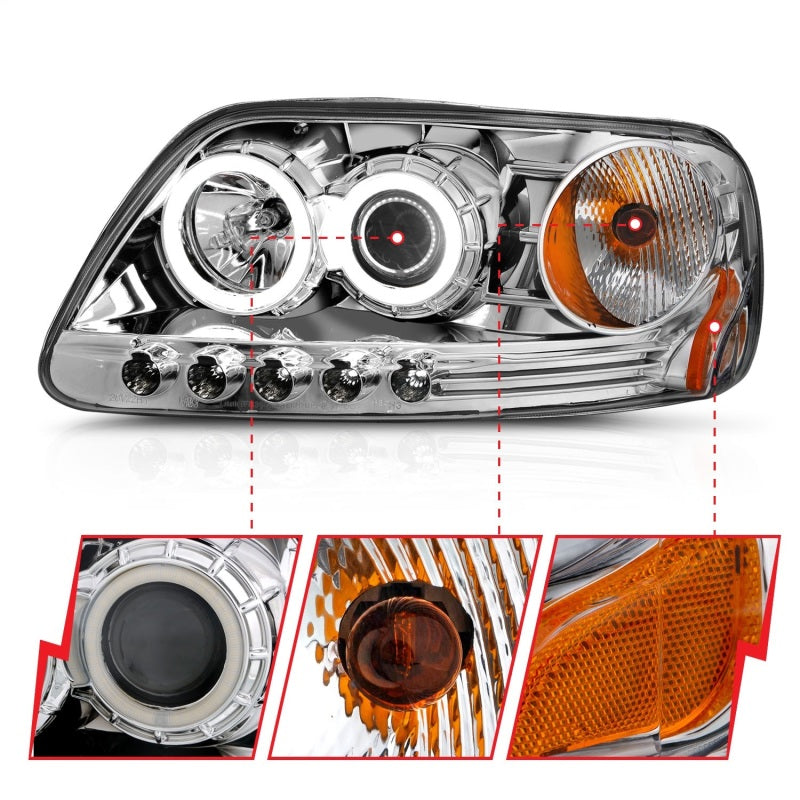 ANZO 1997.5-2003 Ford F-150 Projector Headlights with Halo Chrome design, showcasing clear lens and chrome housing.