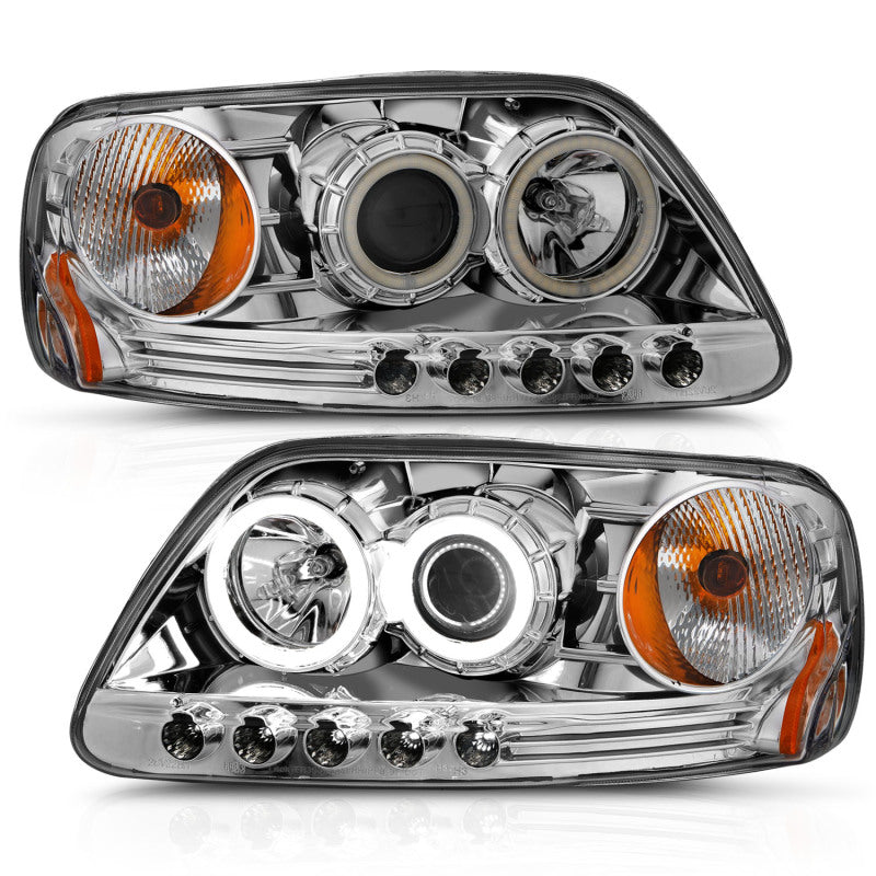 ANZO 1997.5-2003 Ford F-150 Projector Headlights with Halo Chrome design, showcasing clear lens and chrome housing.