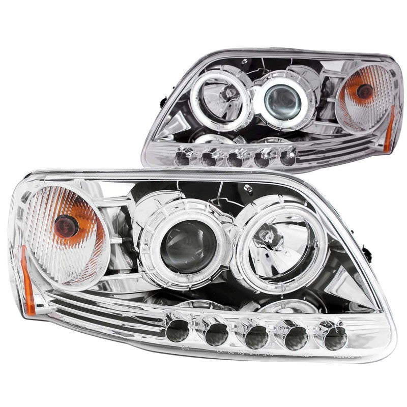 ANZO 1997.5-2003 Ford F-150 Projector Headlights with Halo Chrome design, showcasing clear lens and chrome housing.