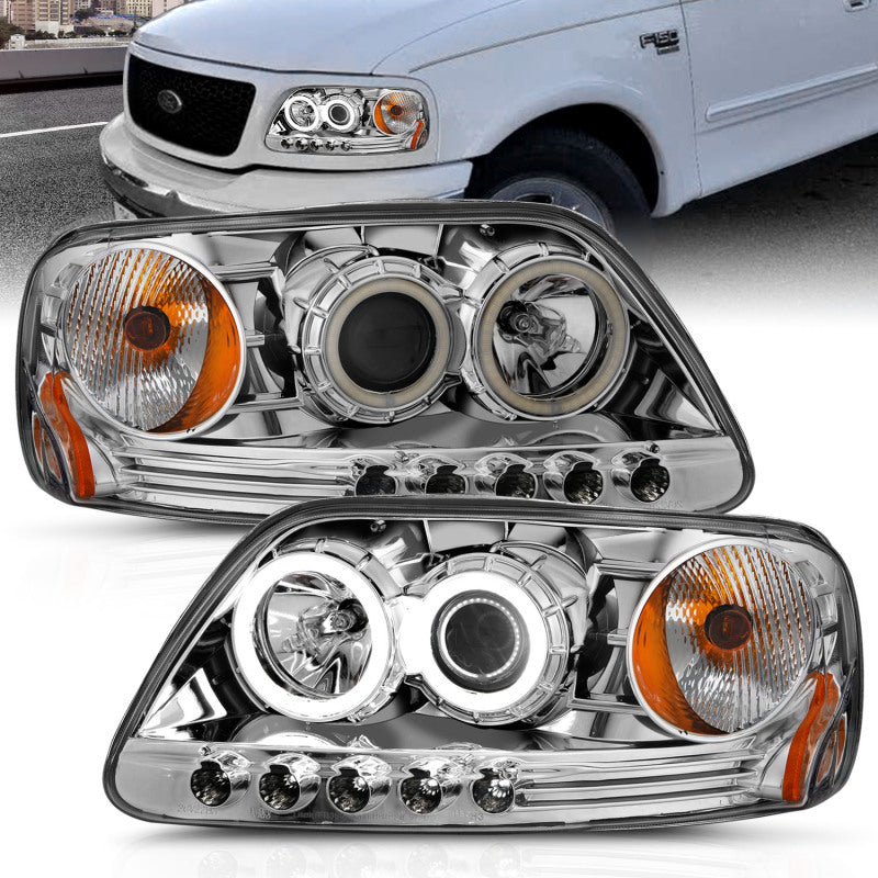 ANZO 1997.5-2003 Ford F-150 Projector Headlights with Halo Chrome design, showcasing clear lens and chrome housing.