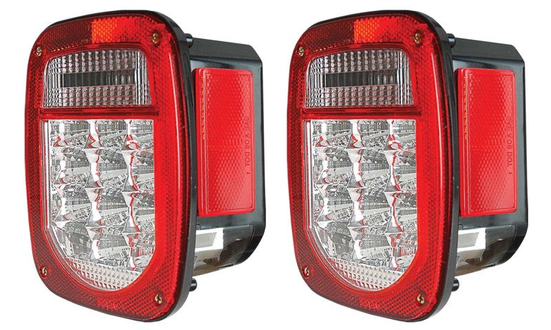 ANZO LED Tail Light Assembly for Jeep Wrangler, featuring red/clear lens and chrome housing, designed for improved visibility and style.