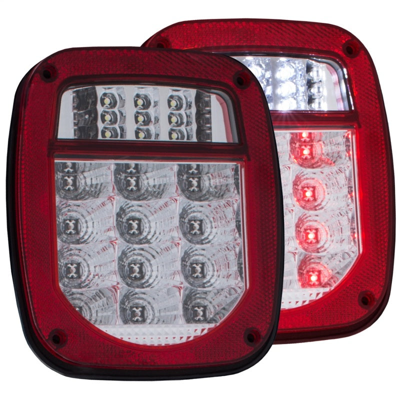 ANZO LED Tail Light Assembly for Jeep Wrangler, featuring red/clear lens and chrome housing, designed for improved visibility and style.