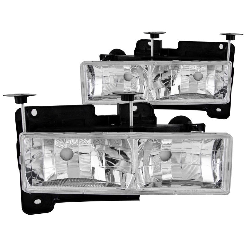 ANZO 1988-1998 Chevrolet C1500 Crystal Headlights with clear lens and chrome housing, designed for enhanced visibility and style.