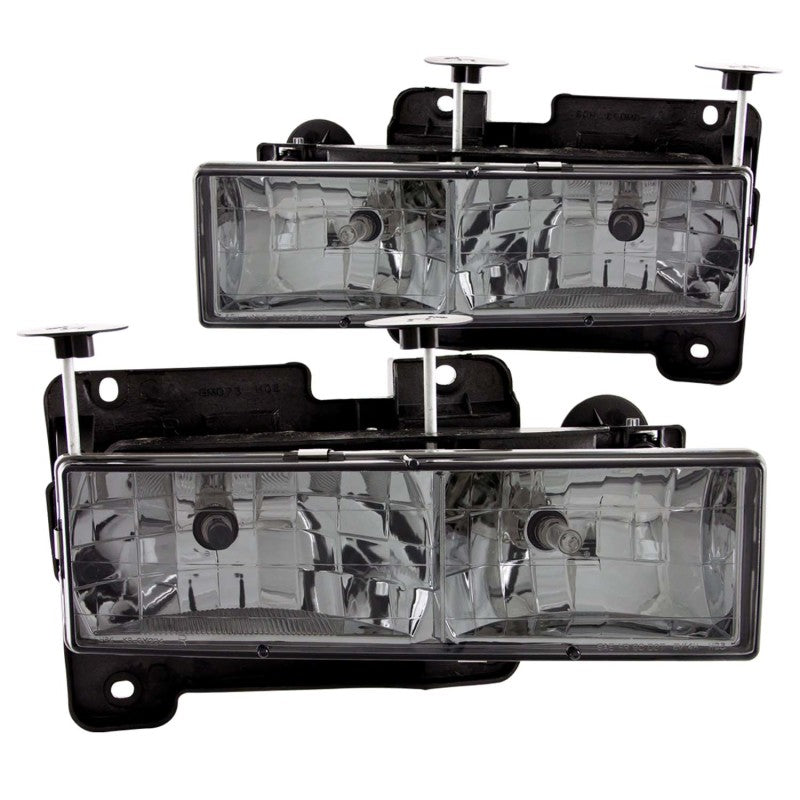 ANZO 1988-1998 Chevrolet C1500 Crystal Headlights with Smoke Lens, featuring chrome housing and clear lens for enhanced visibility.