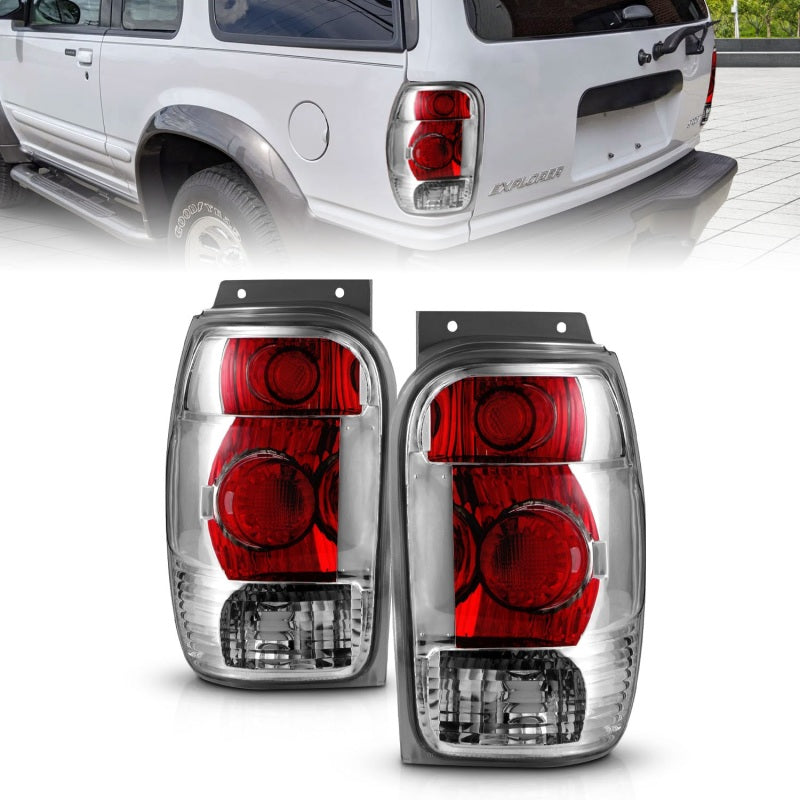 ANZO Chrome Taillights for 1998-2001 Ford Explorer, featuring clear lens and chrome housing.