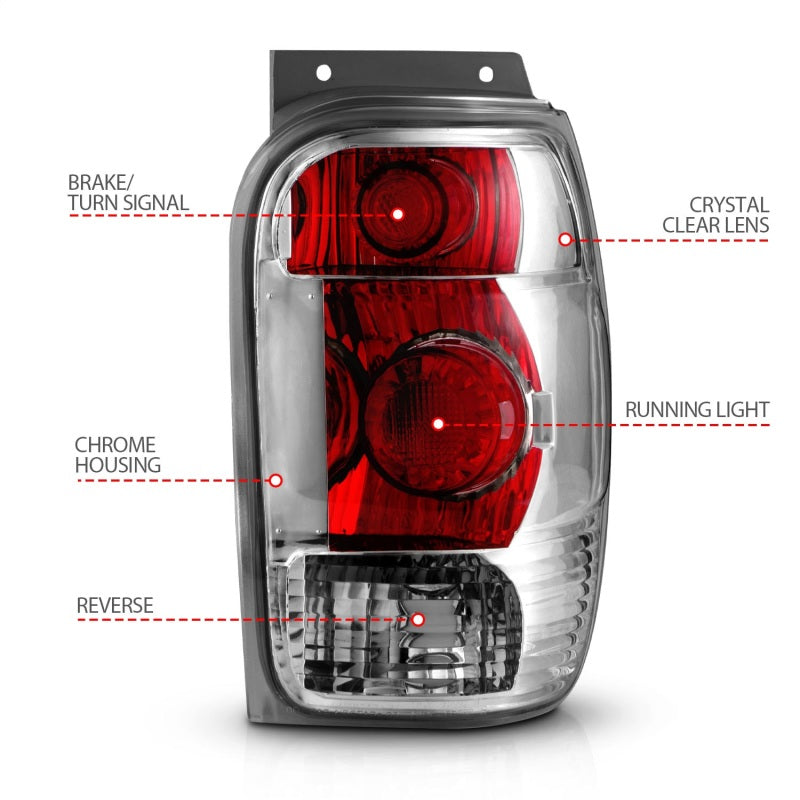 ANZO Chrome Taillights for 1998-2001 Ford Explorer, featuring clear lens and chrome housing.