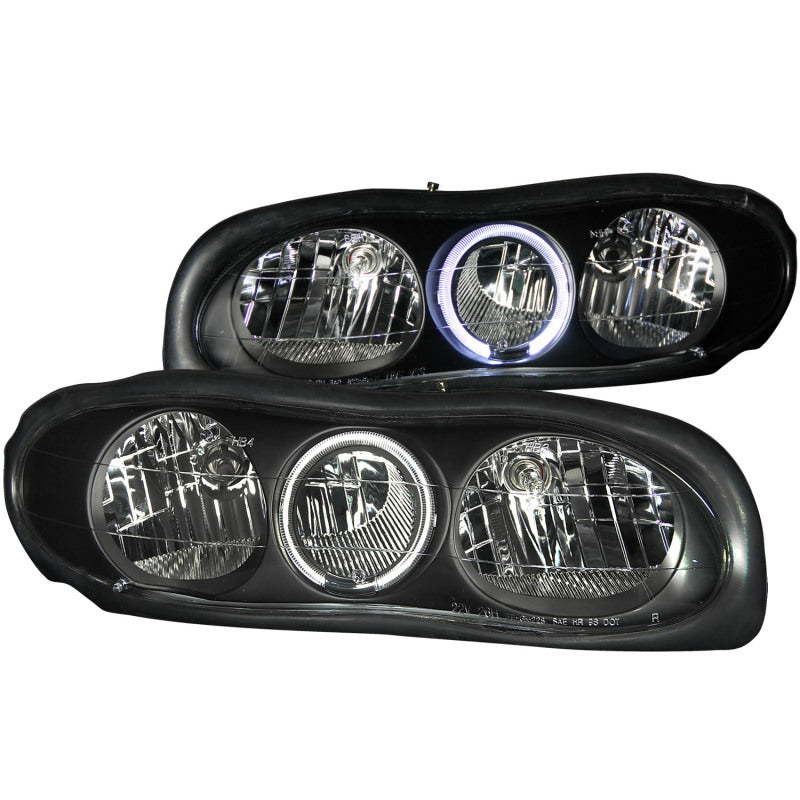 ANZO 1998-2002 Chevrolet Camaro Crystal Headlights with Halo Black, featuring clear lens and black housing for enhanced visibility.