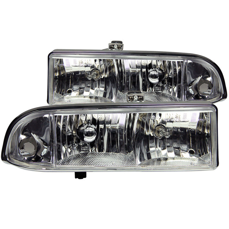 ANZO 1998-2005 Chevrolet S-10 Crystal Headlights with clear lens and chrome housing, designed for enhanced visibility and style.