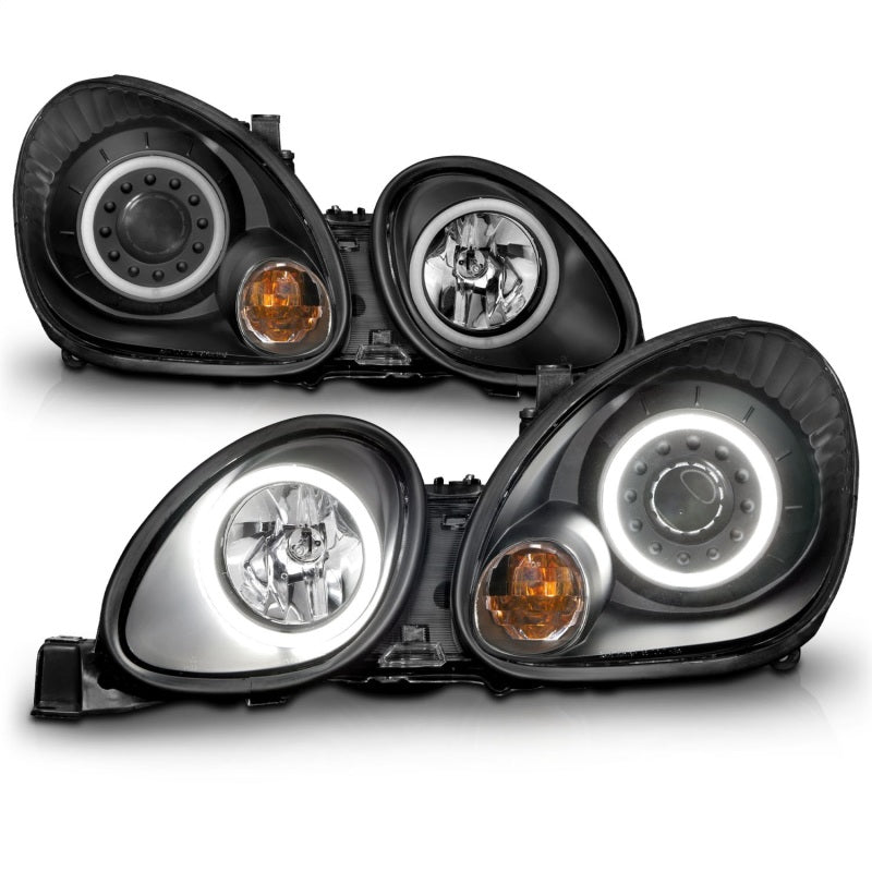 ANZO projector headlights with halo feature for 1998-2005 Lexus GS300, showcasing black housing and clear lens design.