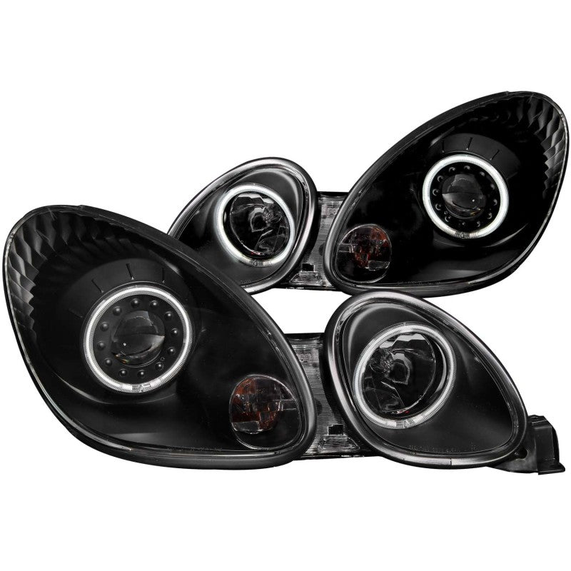 ANZO projector headlights with halo feature for 1998-2005 Lexus GS300, showcasing black housing and clear lens design.