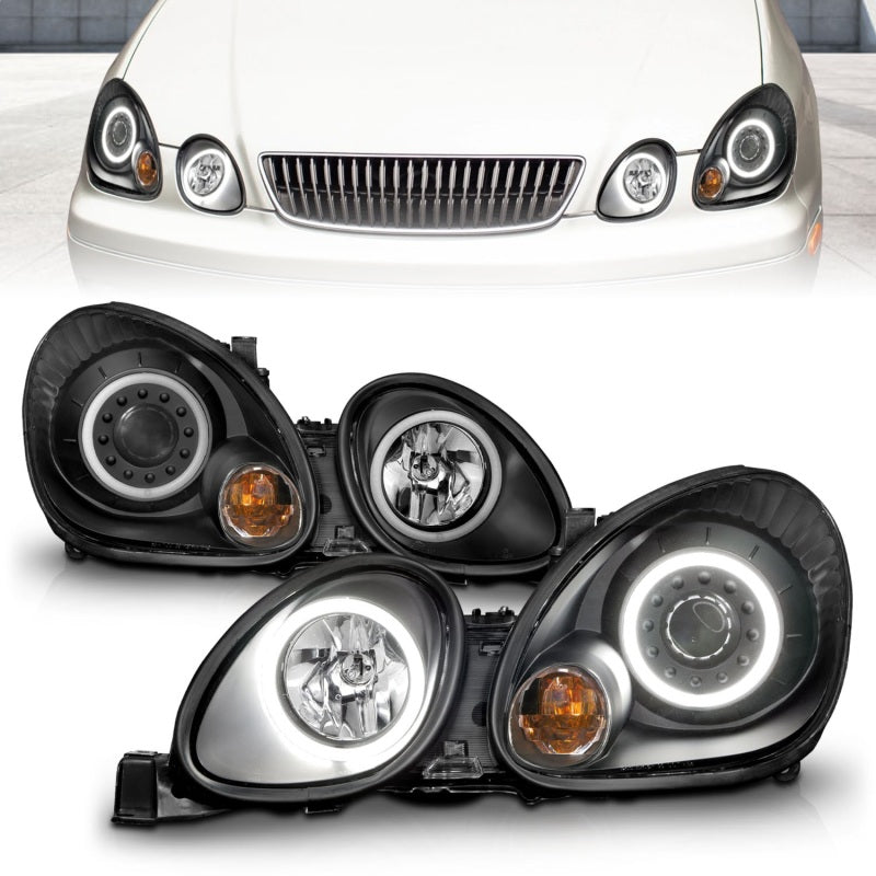 ANZO projector headlights with halo feature for 1998-2005 Lexus GS300, showcasing black housing and clear lens design.