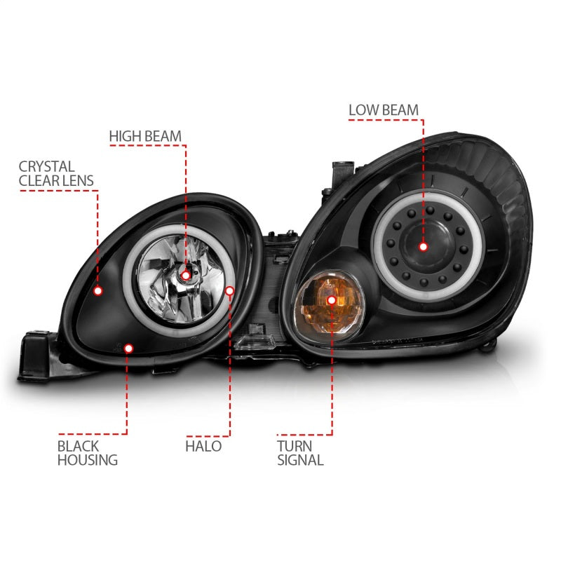 ANZO projector headlights with halo feature for 1998-2005 Lexus GS300, showcasing black housing and clear lens design.