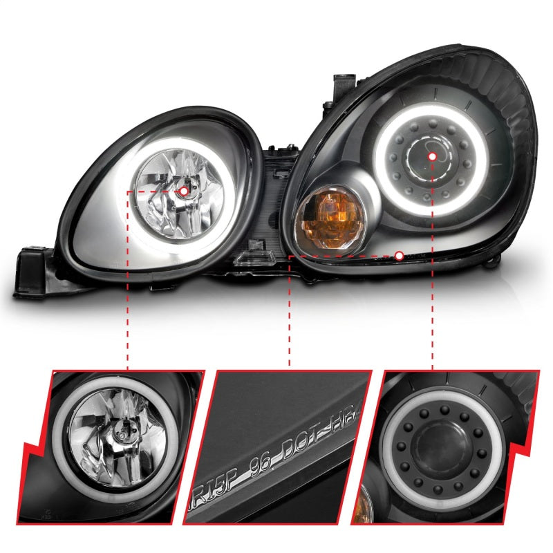 ANZO projector headlights with halo feature for 1998-2005 Lexus GS300, showcasing black housing and clear lens design.