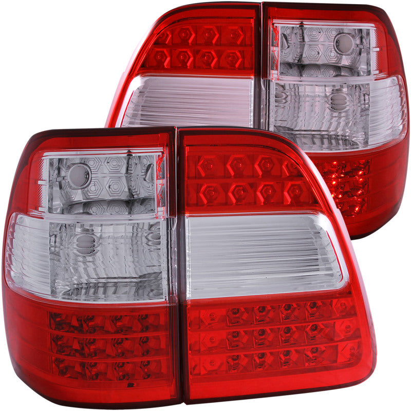 ANZO LED taillights for 1998-2005 Toyota Land Cruiser, featuring red and clear lenses with chrome accents.