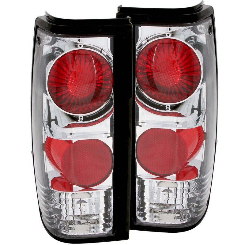 ANZO 1982-1994 Chevrolet S-10 taillights with chrome housing and clear lens, showcasing their sleek design and modern appeal.