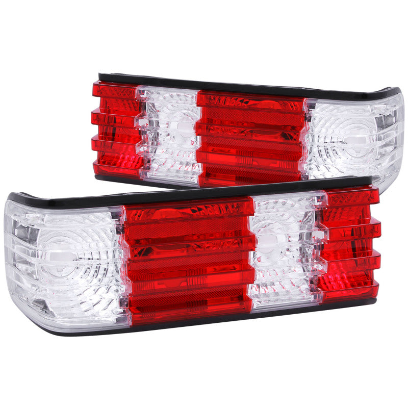 ANZO 1986-1991 Mercedes Benz S Class W126 taillights featuring a red and clear lens design, enhancing vehicle appearance and safety.