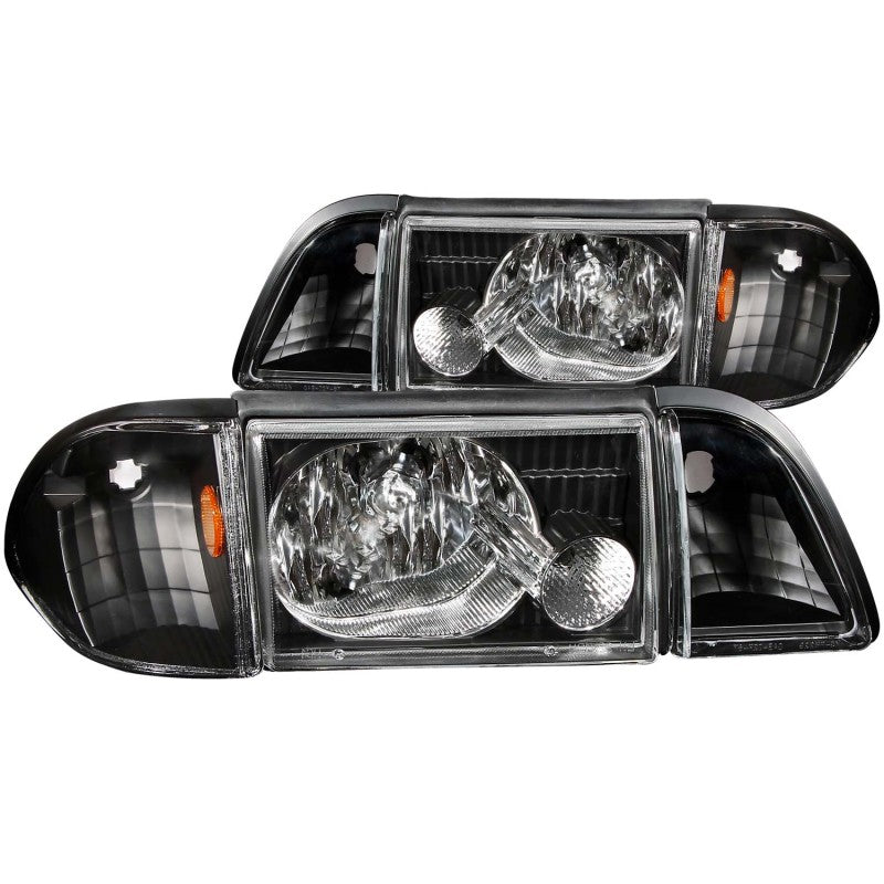 ANZO 1987-1993 Ford Mustang Crystal Headlights with black housing and clear lens, showcasing corner lights.