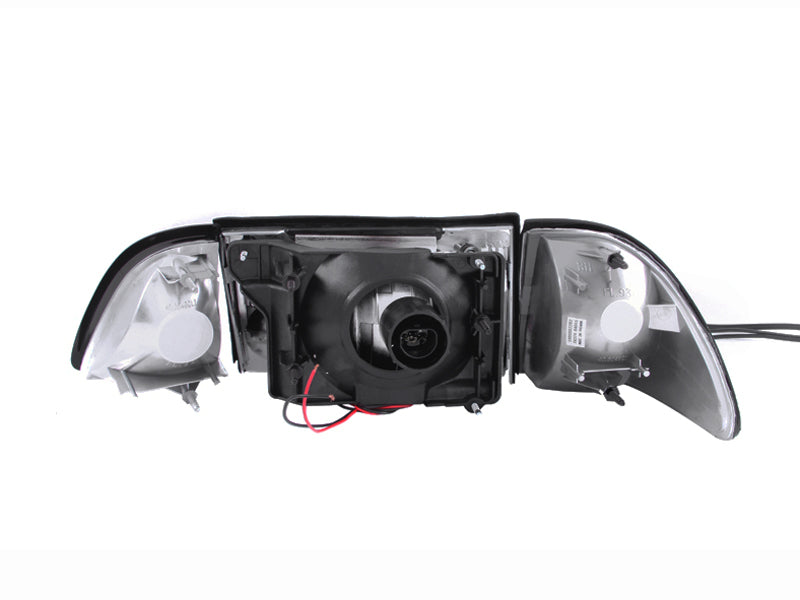 ANZO 1987-1993 Ford Mustang Crystal Headlights with black housing and clear lens, showcasing corner lights.