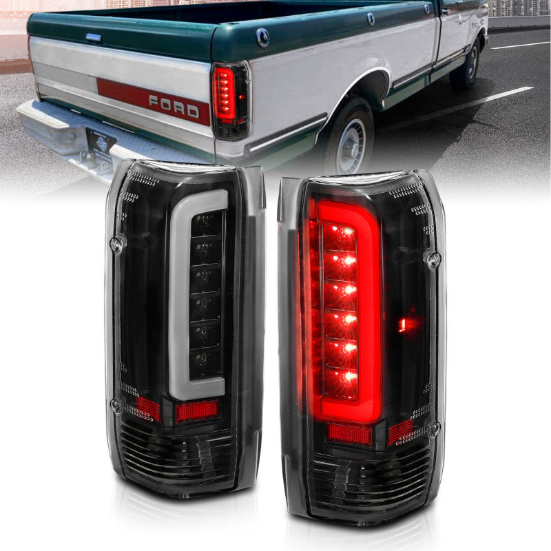 ANZO LED taillights for 1987-1996 Ford F-150 with black housing and clear lens, showcasing modern design and enhanced visibility.