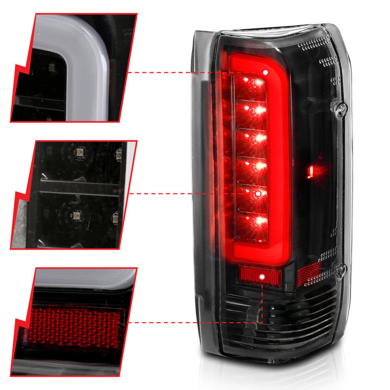 ANZO LED taillights for 1987-1996 Ford F-150 with black housing and clear lens, showcasing modern design and enhanced visibility.