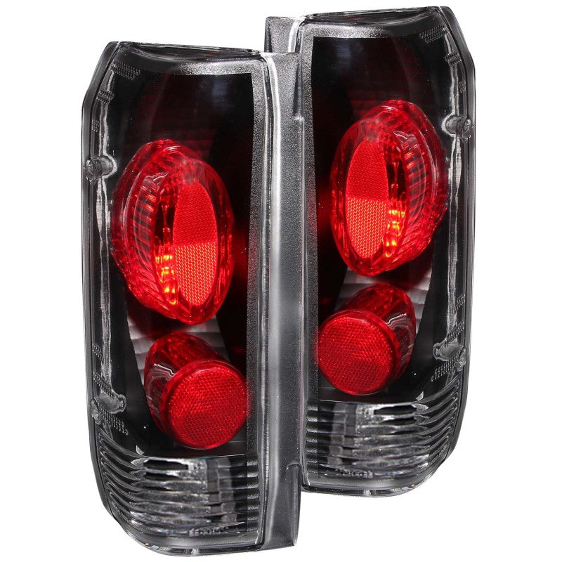 ANZO 1989-1996 Ford F-150 taillights with black housing and clear lens, showcasing modern design and enhanced visibility.