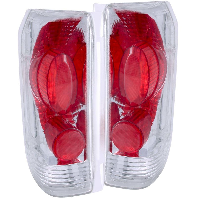 ANZO 1989-1996 Ford F-150 taillights with chrome housing and red/clear lens, showcasing modern design and improved visibility.