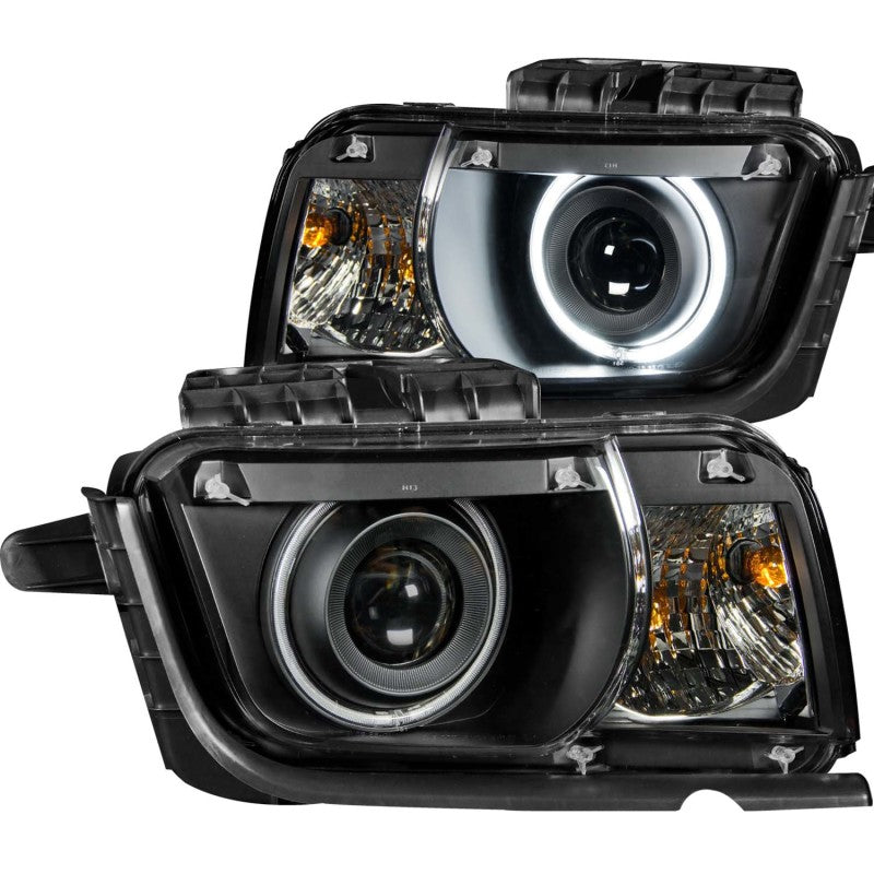 ANZO 2010-2013 Chevrolet Camaro Projector Headlights with Halo in black housing, showcasing clear lens and stylish design.