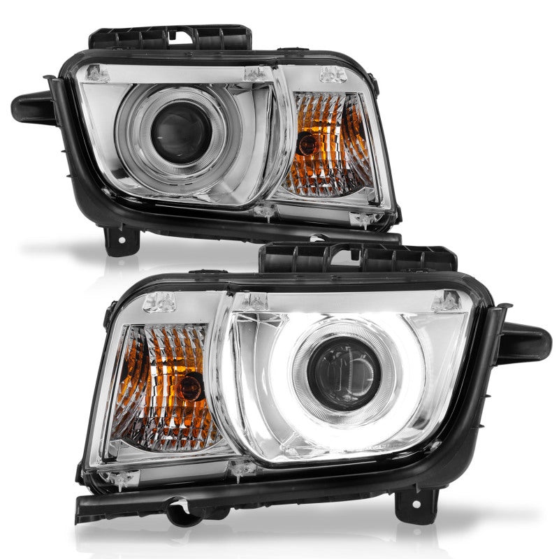 ANZO 2010-2013 Chevrolet Camaro Projector Headlights with Halo Chrome design, showcasing clear lens and chrome housing.