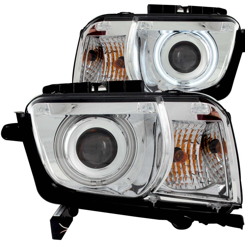 ANZO 2010-2013 Chevrolet Camaro Projector Headlights with Halo Chrome design, showcasing clear lens and chrome housing.