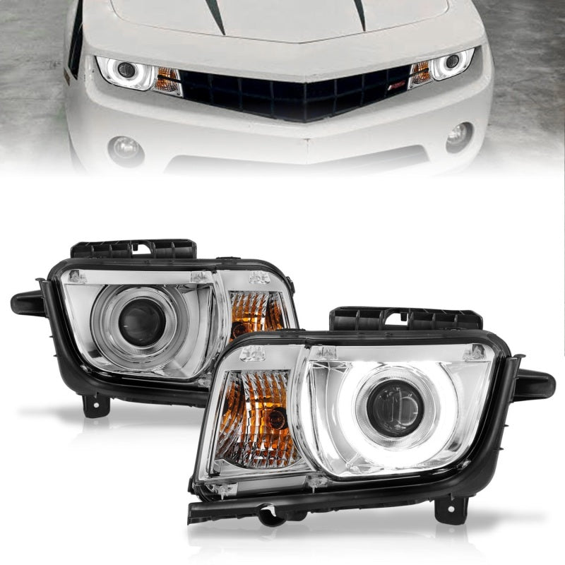 ANZO 2010-2013 Chevrolet Camaro Projector Headlights with Halo Chrome design, showcasing clear lens and chrome housing.