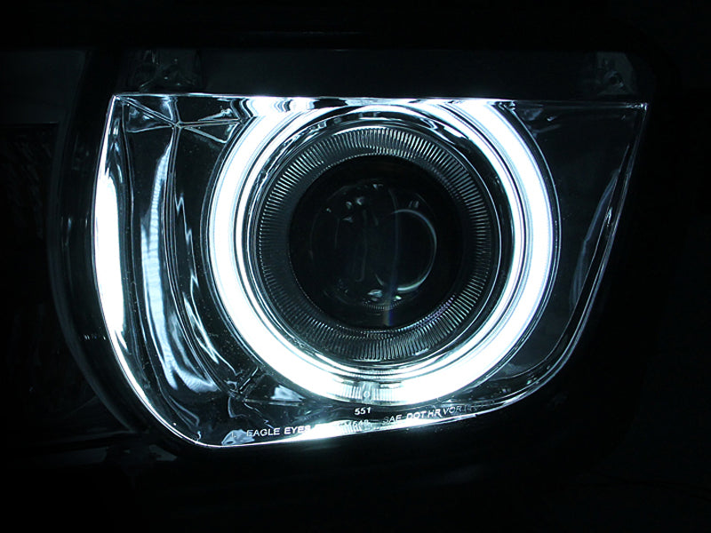 ANZO 2010-2013 Chevrolet Camaro Projector Headlights with Halo Chrome design, showcasing clear lens and chrome housing.