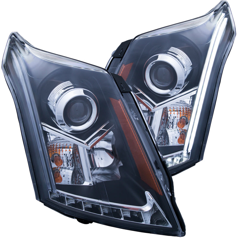 ANZO projector headlights for 2010-2015 Cadillac SRX with clear lens and black housing, featuring a plank style design.