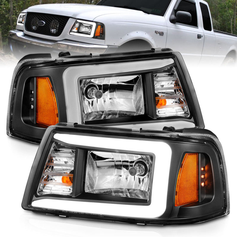 ANZO 2001-2011 Ford Ranger Crystal Headlights with black housing and clear lens, showcasing modern design and enhanced visibility.