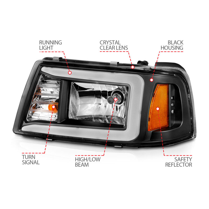 ANZO 2001-2011 Ford Ranger Crystal Headlights with black housing and clear lens, showcasing modern design and enhanced visibility.