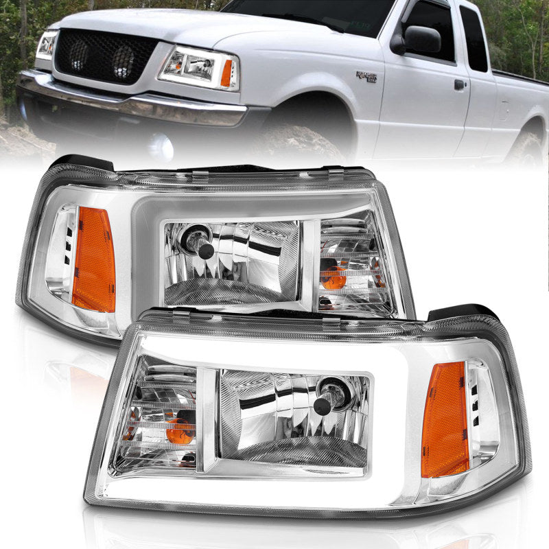 ANZO 2001-2011 Ford Ranger Crystal Headlights with chrome housing and clear lens, showcasing modern design and improved visibility.