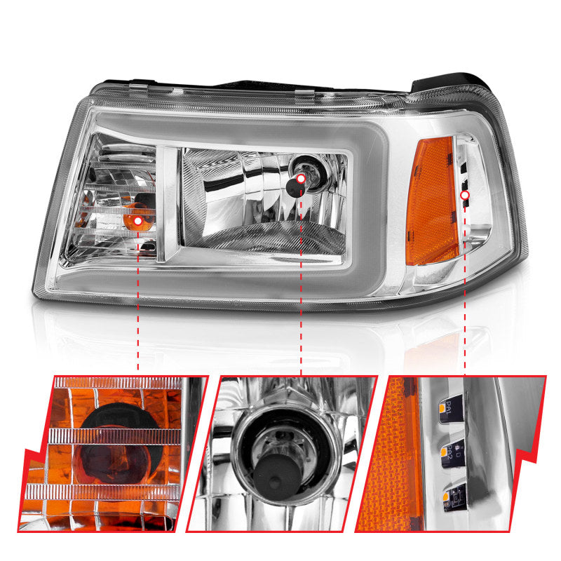 ANZO 2001-2011 Ford Ranger Crystal Headlights with chrome housing and clear lens, showcasing modern design and improved visibility.