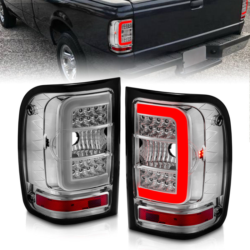 ANZO LED Tail Lights for 2001-2011 Ford Ranger with chrome housing and light bar design.