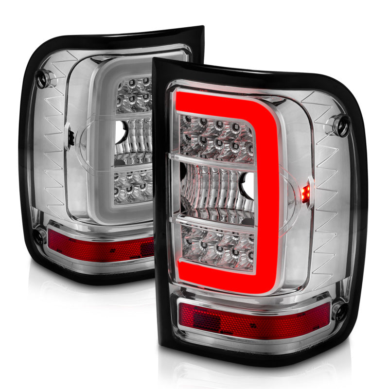 ANZO LED Tail Lights for 2001-2011 Ford Ranger with chrome housing and light bar design.