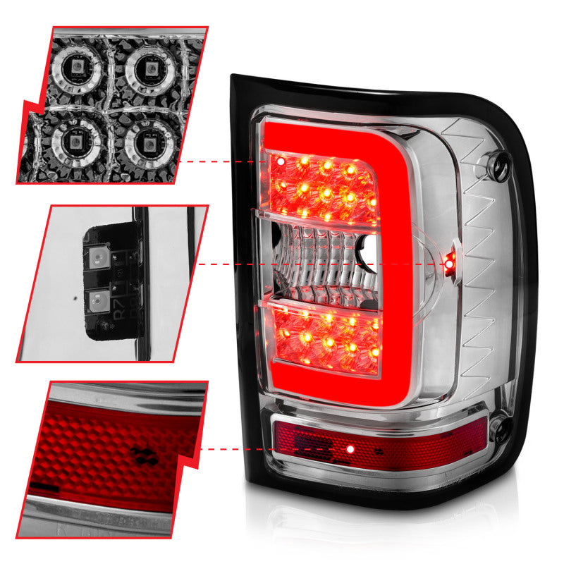 ANZO LED Tail Lights for 2001-2011 Ford Ranger with chrome housing and light bar design.