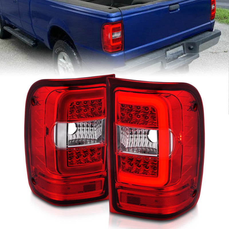 ANZO LED Tail Lights for 2001-2011 Ford Ranger with chrome housing and light bar design, showcasing modern automotive styling.