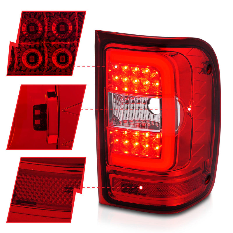 ANZO LED Tail Lights for 2001-2011 Ford Ranger with chrome housing and light bar design, showcasing modern automotive styling.