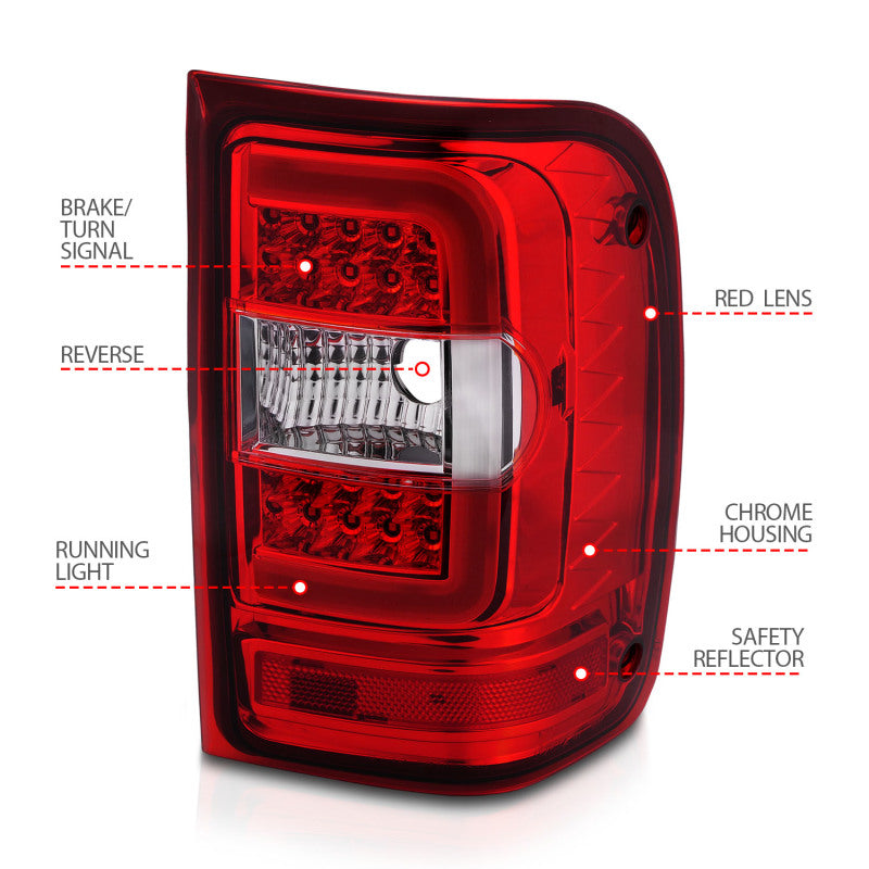 ANZO LED Tail Lights for 2001-2011 Ford Ranger with chrome housing and light bar design, showcasing modern automotive styling.