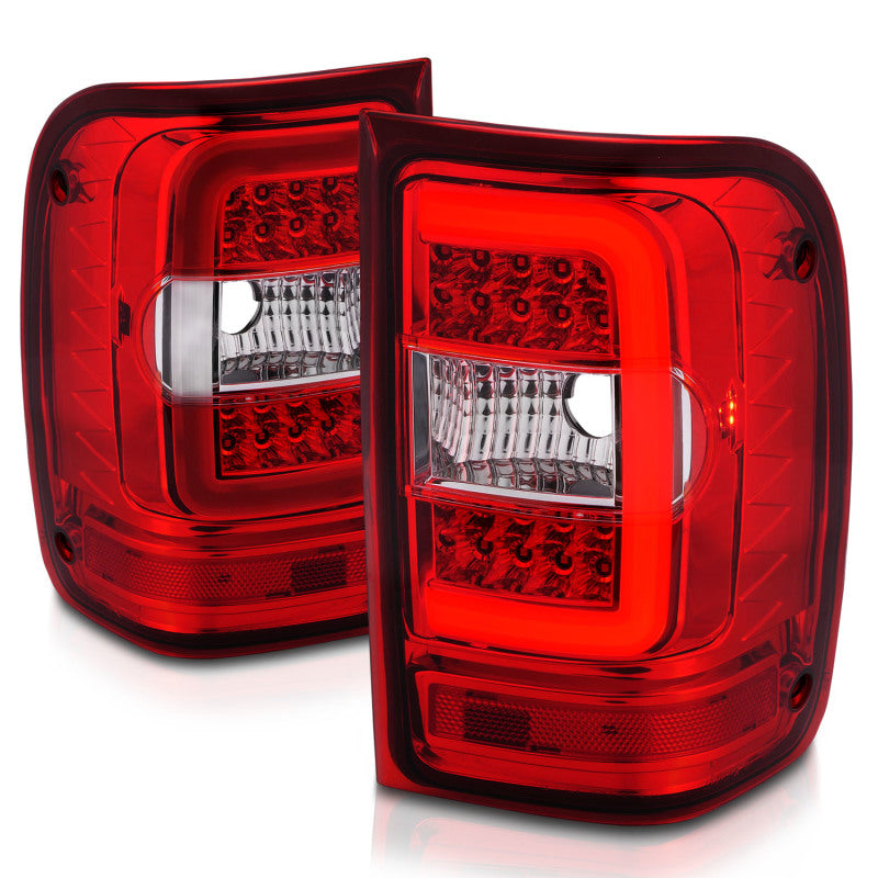 ANZO LED Tail Lights for 2001-2011 Ford Ranger with chrome housing and light bar design, showcasing modern automotive styling.