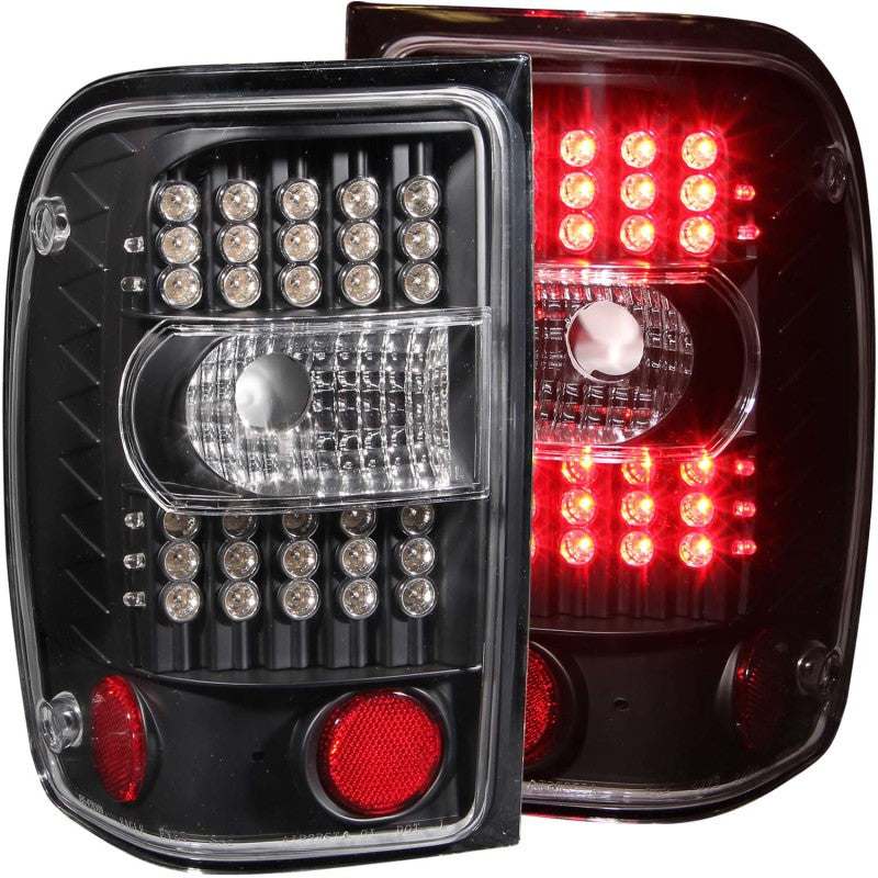 ANZO 2001-2011 Ford Ranger LED Taillights in Black housing with clear lens, showcasing modern design and enhanced visibility.