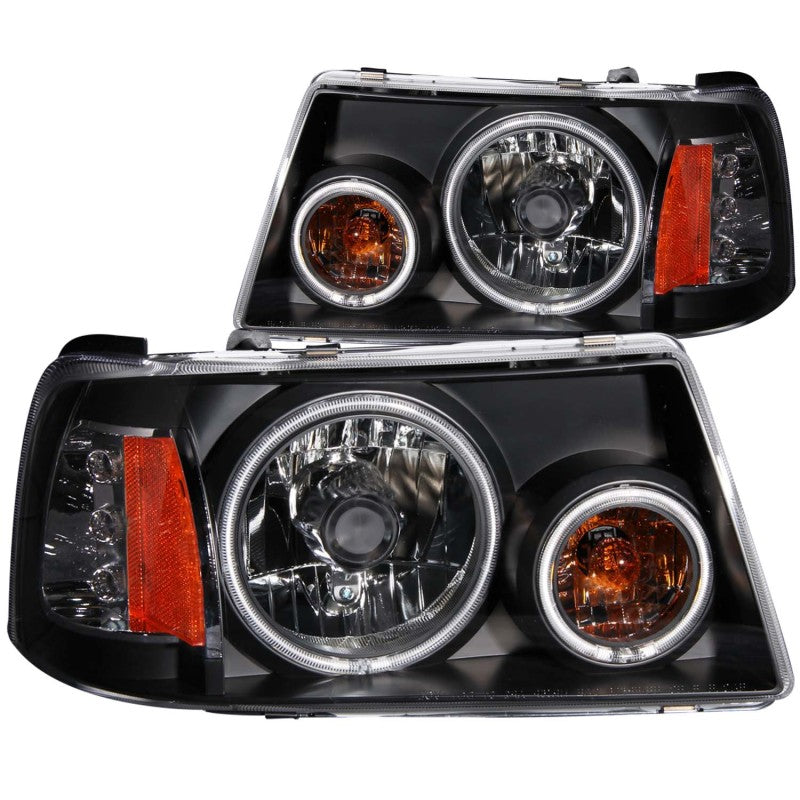 ANZO 2001-2011 Ford Ranger Projector Headlights with Halo Black CCFL, showcasing clear lens and black housing design.