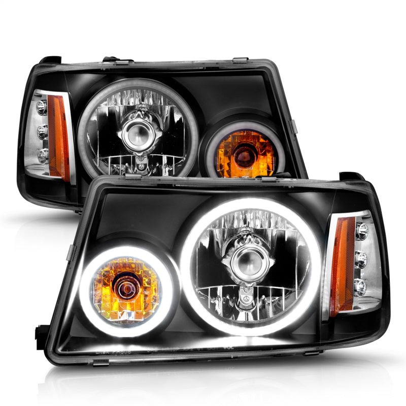 ANZO 2001-2011 Ford Ranger Projector Headlights with Halo Black CCFL, showcasing clear lens and black housing design.